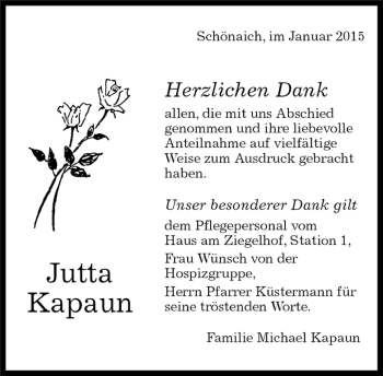 Traueranzeige von Jutta Kapaun von Kreiszeitung Böblinger Bote