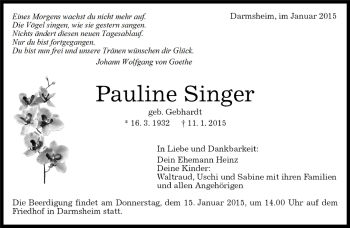 Traueranzeige von Pauline Singer von Kreiszeitung Böblinger Bote