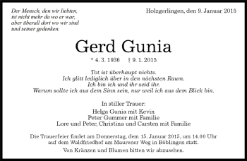 Traueranzeige von Gerd Gunia von Kreiszeitung Böblinger Bote