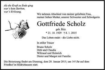 Traueranzeige von Gottfriede Scholz von Kreiszeitung Böblinger Bote