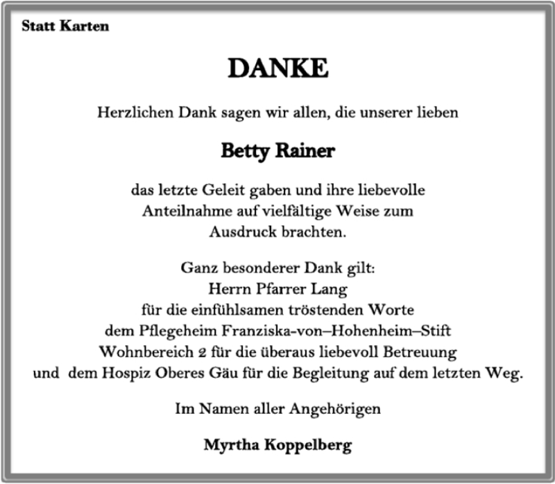  Traueranzeige für Betty Rainer vom 15.01.2015 aus Kreiszeitung Böblinger Bote