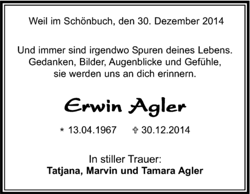  Traueranzeige für Erwin Agler vom 15.01.2015 aus Kreiszeitung Böblinger Bote