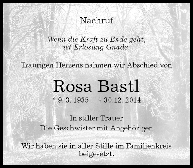  Traueranzeige für Rosa Bastl vom 16.01.2015 aus Kreiszeitung Böblinger Bote