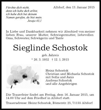 Traueranzeige von Sieglinde Schostok von Kreiszeitung Böblinger Bote