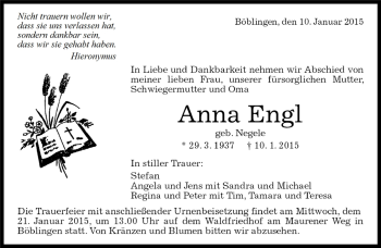 Traueranzeige von Anna Engl von Kreiszeitung Böblinger Bote