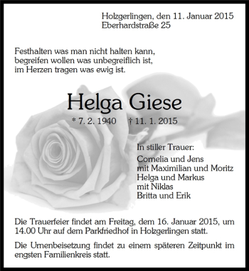 Traueranzeige von Helga Giese von Kreiszeitung Böblinger Bote