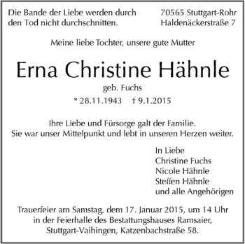 Traueranzeige von Erna Christine Hähnle von Kreiszeitung Böblinger Bote