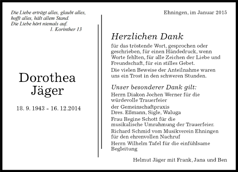  Traueranzeige für Dorothea Jäger vom 15.01.2015 aus Kreiszeitung Böblinger Bote