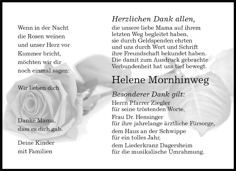  Traueranzeige für Helene Mornhinweg vom 16.01.2015 aus Kreiszeitung Böblinger Bote