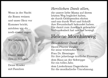 Traueranzeige von Helene Mornhinweg von Kreiszeitung Böblinger Bote