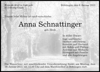Traueranzeige von Anna Schnattinger von Kreiszeitung Böblinger Bote