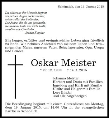 Traueranzeige von Oskar Meister von Kreiszeitung Böblinger Bote