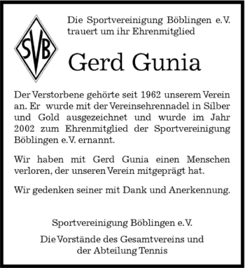 Traueranzeige von Gerd Gunia von Kreiszeitung Böblinger Bote