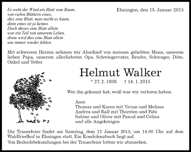  Traueranzeige für Helmut Walker vom 15.01.2015 aus Kreiszeitung Böblinger Bote