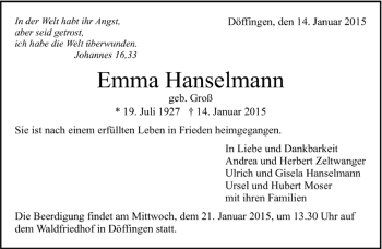 Traueranzeige von Emma Hanselmann von Kreiszeitung Böblinger Bote