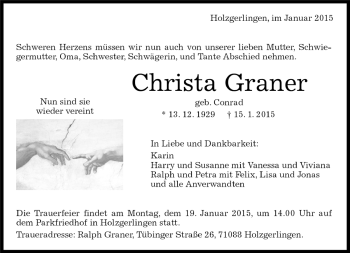 Traueranzeige von Christa Graner von Kreiszeitung Böblinger Bote