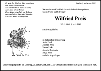 Traueranzeige von Wilfried Preis von Kreiszeitung Böblinger Bote