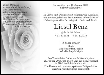 Traueranzeige von Liesel Renz von Kreiszeitung Böblinger Bote