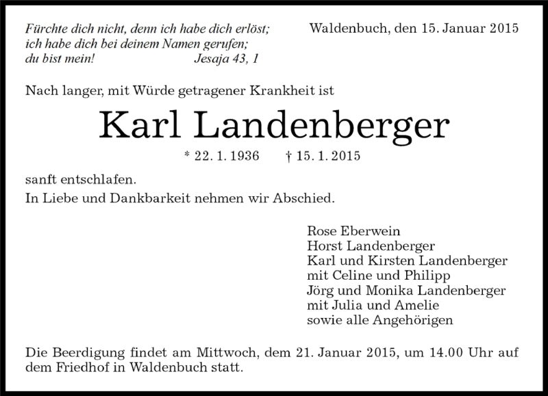  Traueranzeige für Karl Landenberger vom 17.01.2015 aus Kreiszeitung Böblinger Bote