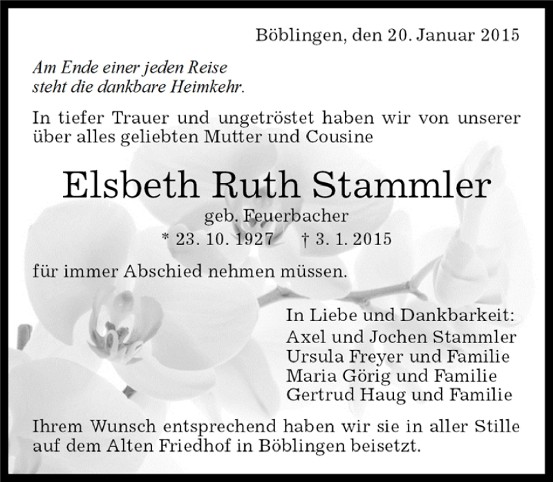  Traueranzeige für Elsbeth Ruth Stammler vom 20.01.2015 aus Kreiszeitung Böblinger Bote