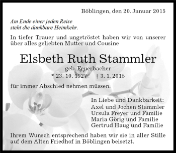Traueranzeige von Elsbeth Ruth Stammler von Kreiszeitung Böblinger Bote
