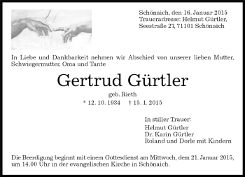 Traueranzeige von Gertrud Gürtler von Kreiszeitung Böblinger Bote