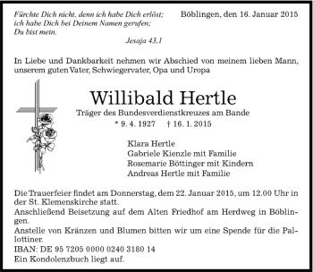 Traueranzeige von Willibald Hertle von Kreiszeitung Böblinger Bote