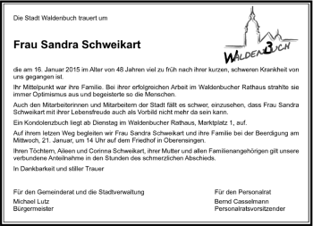 Traueranzeige von Sandra Schweikart von Kreiszeitung Böblinger Bote