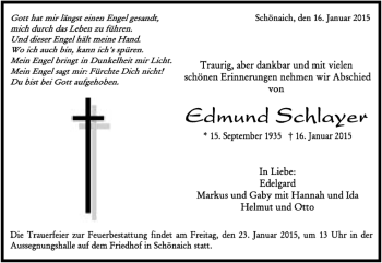 Traueranzeige von Edmund Schlayer von Kreiszeitung Böblinger Bote
