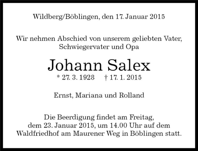  Traueranzeige für Johann Salex vom 20.01.2015 aus Kreiszeitung Böblinger Bote
