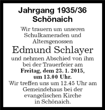 Traueranzeige von Edmund Schlayer von Kreiszeitung Böblinger Bote