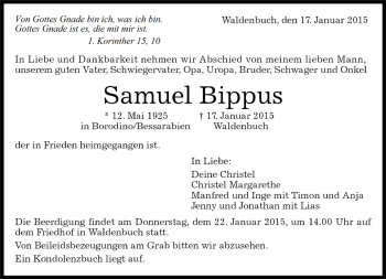 Traueranzeige von Samuel Bippus von Kreiszeitung Böblinger Bote