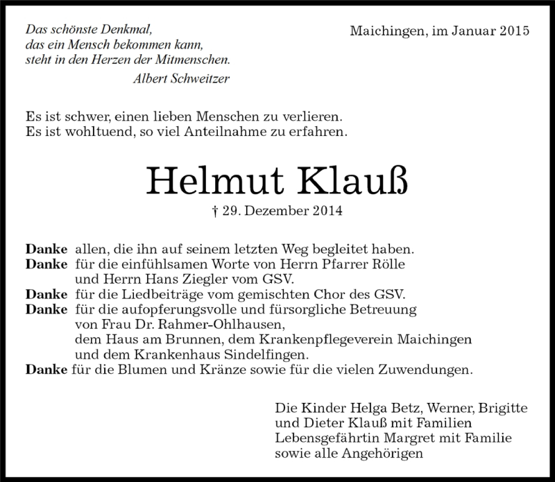  Traueranzeige für Helmut Klauß vom 23.01.2015 aus Kreiszeitung Böblinger Bote