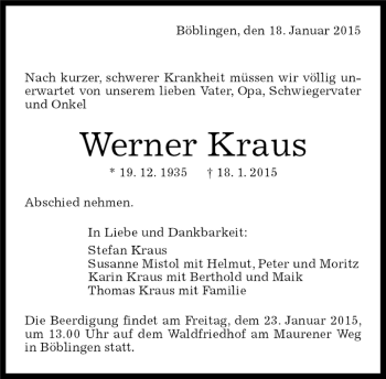 Traueranzeige von Werner Kraus von Kreiszeitung Böblinger Bote