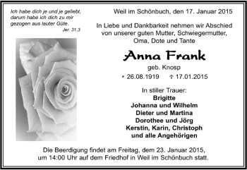 Traueranzeige von Anna Frank von Kreiszeitung Böblinger Bote