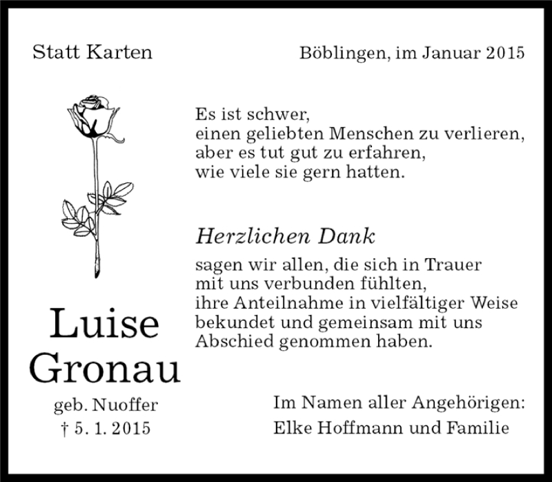  Traueranzeige für Luise Gronau vom 21.01.2015 aus Kreiszeitung Böblinger Bote