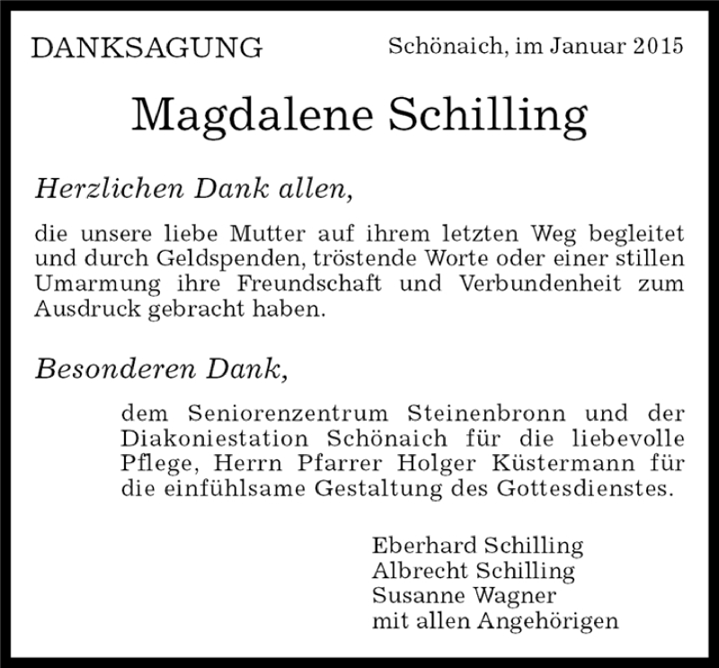  Traueranzeige für Magdalene Schilling vom 22.01.2015 aus Kreiszeitung Böblinger Bote