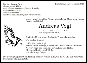 Traueranzeige von Andreas Vogl von Kreiszeitung Böblinger Bote