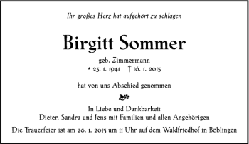 Traueranzeige von Birgitt Sommer von Kreiszeitung Böblinger Bote