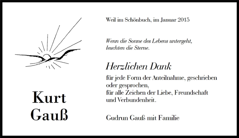  Traueranzeige für Kurt Gauß vom 23.01.2015 aus Kreiszeitung Böblinger Bote