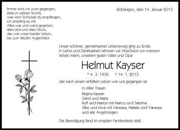 Traueranzeige von Helmut Kayser von Kreiszeitung Böblinger Bote