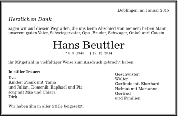 Traueranzeige von Hans Beuttler von Kreiszeitung Böblinger Bote