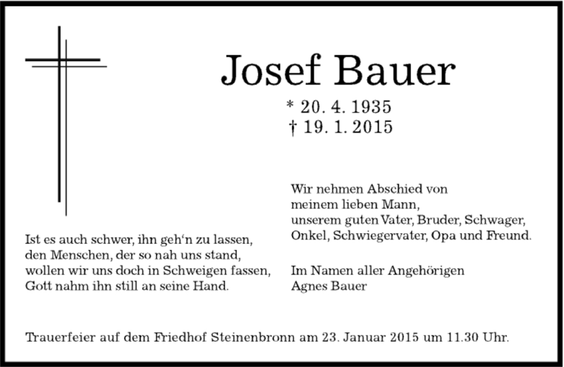  Traueranzeige für Josef Bauer vom 23.01.2015 aus Kreiszeitung Böblinger Bote