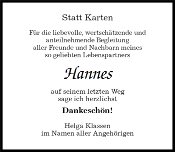 Traueranzeige von Hannes  von Kreiszeitung Böblinger Bote