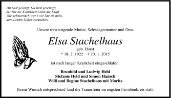Traueranzeige von Elsa Stachelhaus von Kreiszeitung Böblinger Bote