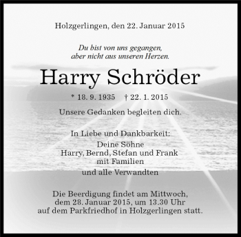 Traueranzeige von Harry Schröder von Kreiszeitung Böblinger Bote