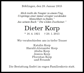 Traueranzeige von Dieter Korp von Kreiszeitung Böblinger Bote