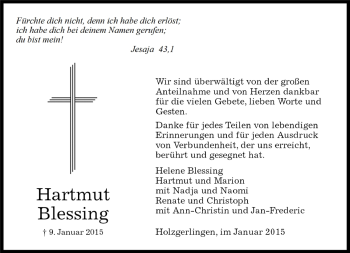 Traueranzeige von Hartmut Blessing von Kreiszeitung Böblinger Bote