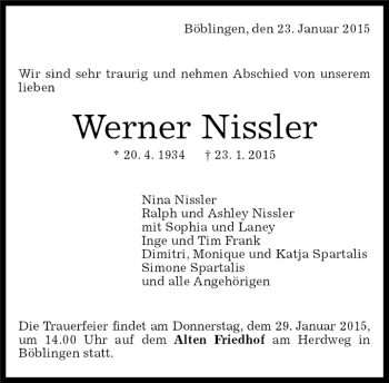 Traueranzeige von Werner Nissler von Kreiszeitung Böblinger Bote