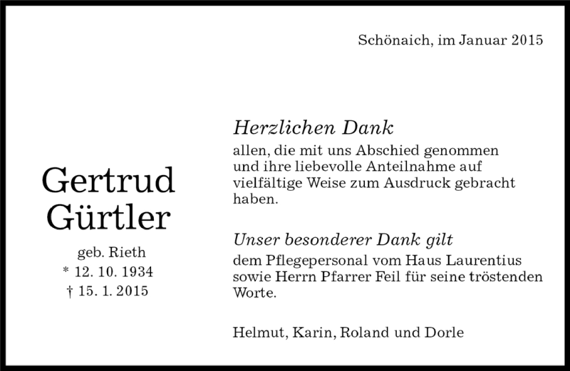  Traueranzeige für Gertrud Gürtler vom 28.01.2015 aus Kreiszeitung Böblinger Bote